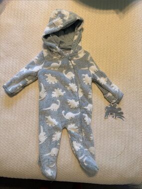 NWT Hooded Baby Footie Pajamas with Foldover mittens Blue Dino